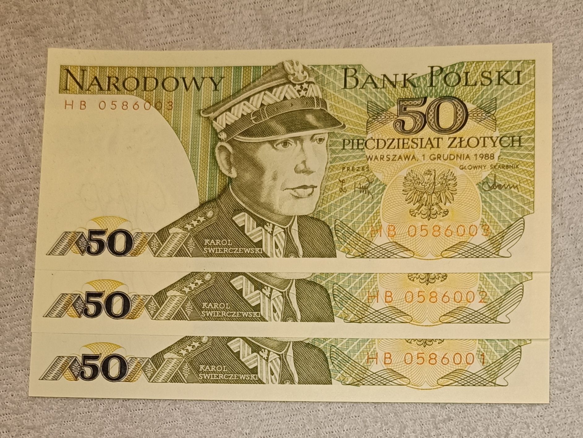 Banknoty PRL 50 zł Nowe SERIA 001/002/003 RARYTAS Świerczewski