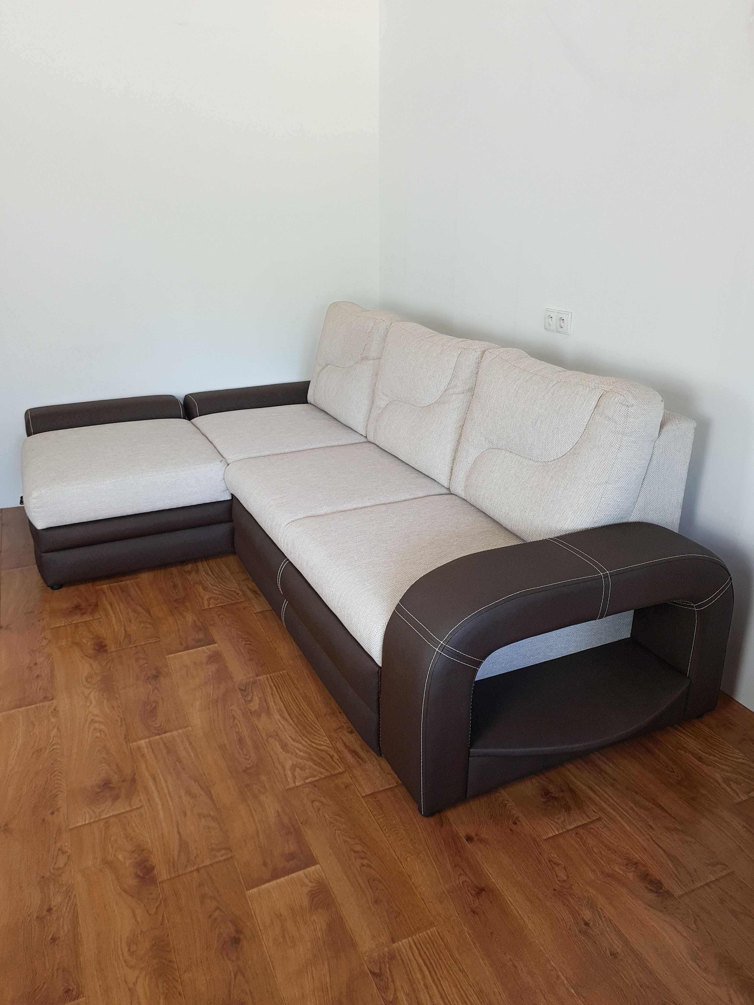 Narożnik z funkcją spania i pojemnikiem materiał + eko skóra - Nowy