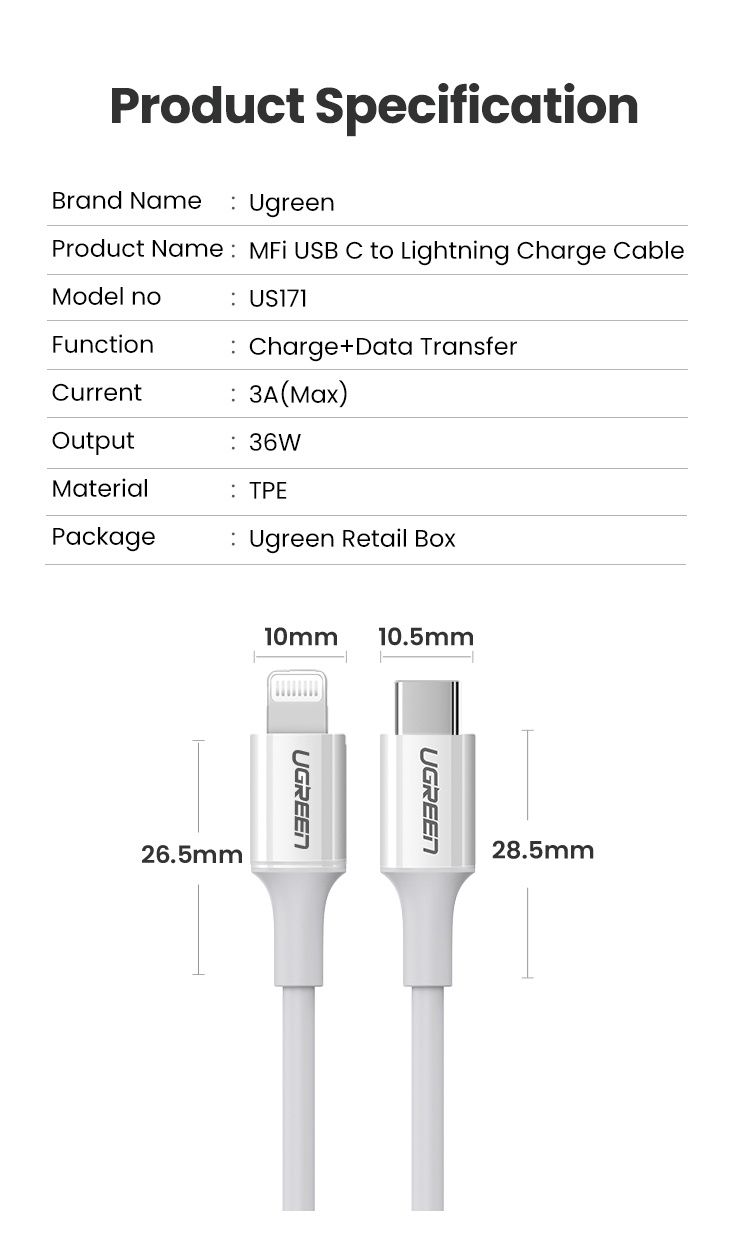 Кабель MFi Lightning/USB-C UGREEN Швидка зарядка iPhone 14/13/12/11/X