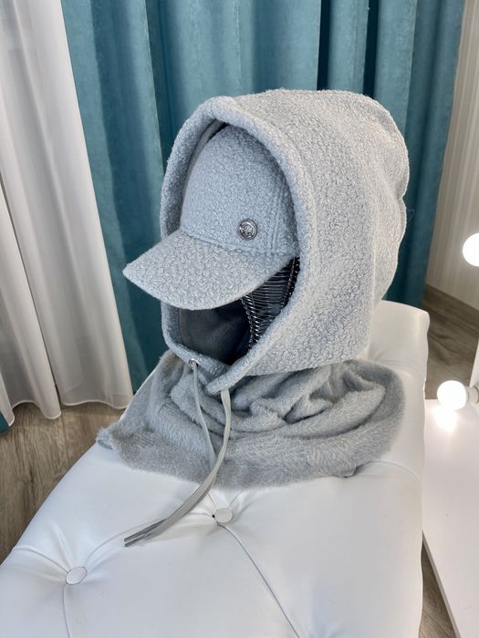 Женский капор на флисе+кепка тедди черный,молоко Жіночий капор+кепка