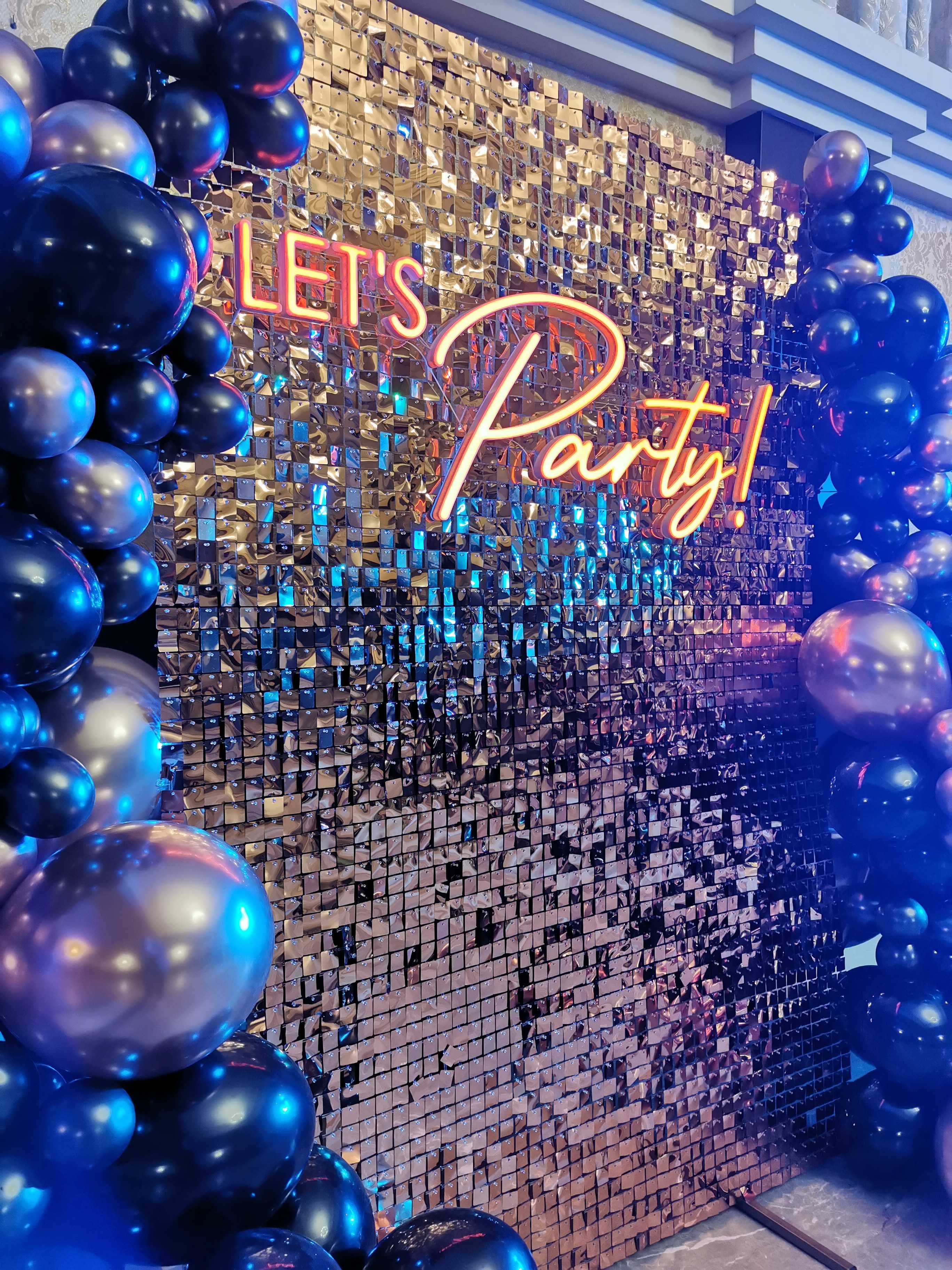 Ledon, napis led Let's Party! ścianka cekinowa, dekoracja balonowa
