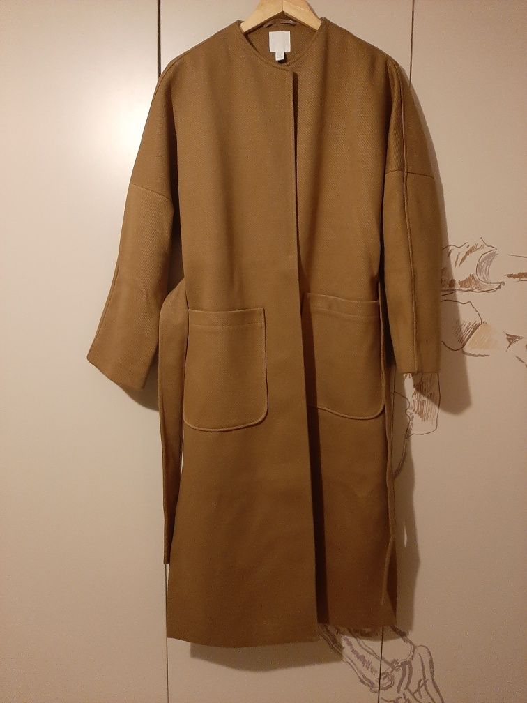 Płaszcz H&M, nowy z metką, brązowy, camel z paskiem, oversize, z metki