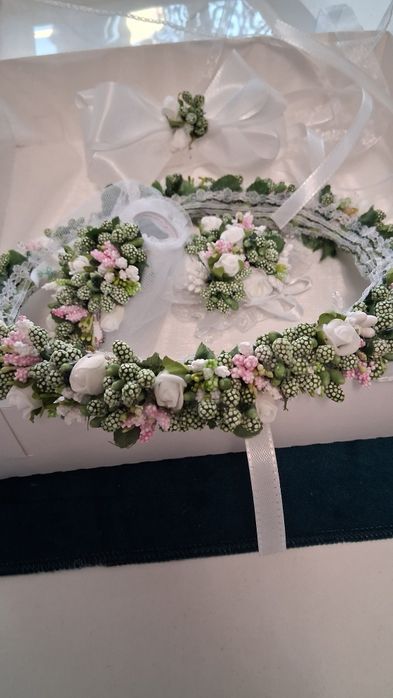 Zestaw WIANEK KOMUNIJNY, bransoletka, ozdona na świecę, kokarda