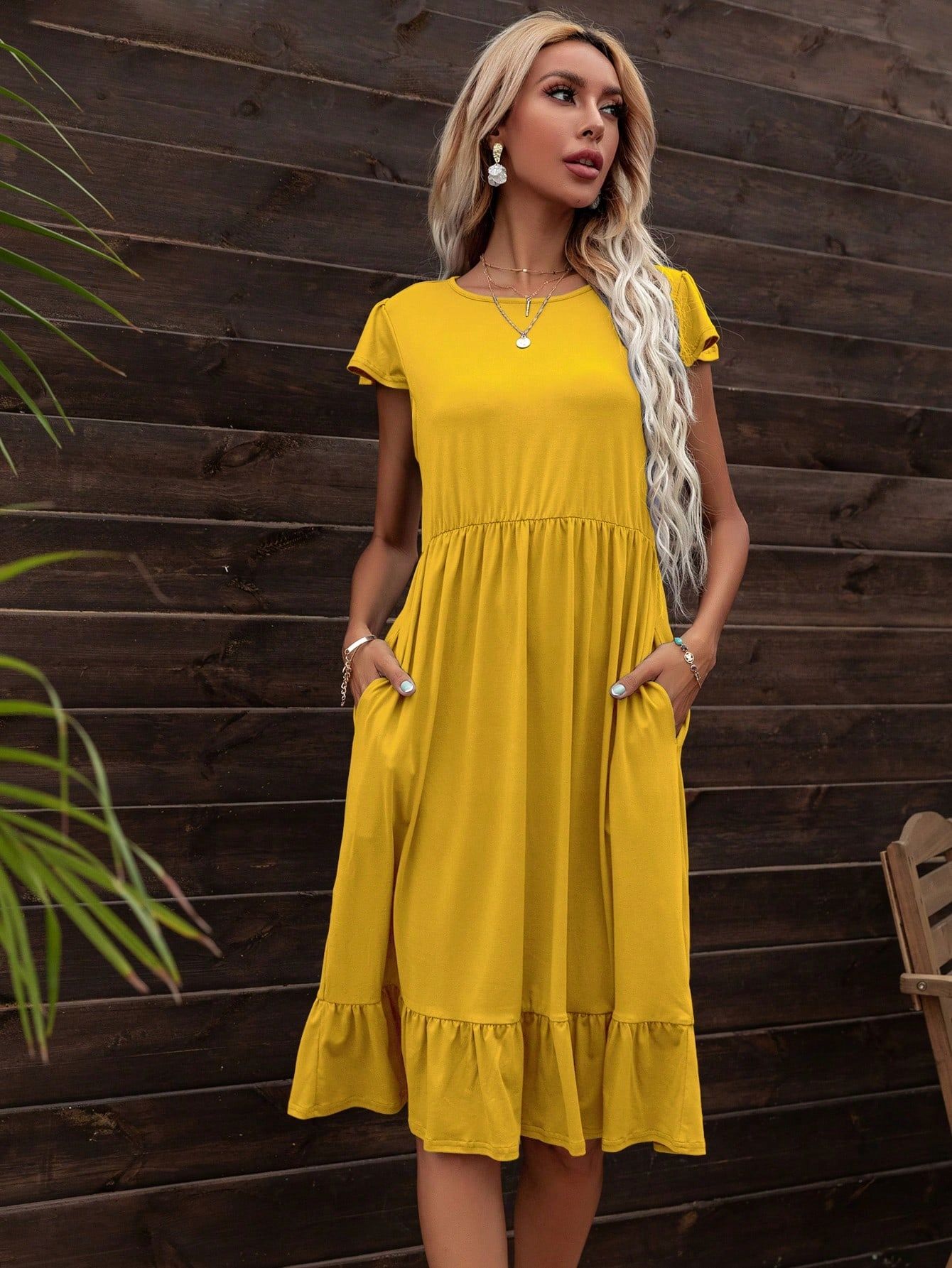 Sukienka Letnia Midi Marszczona Żółta Casual Dearcase L 40