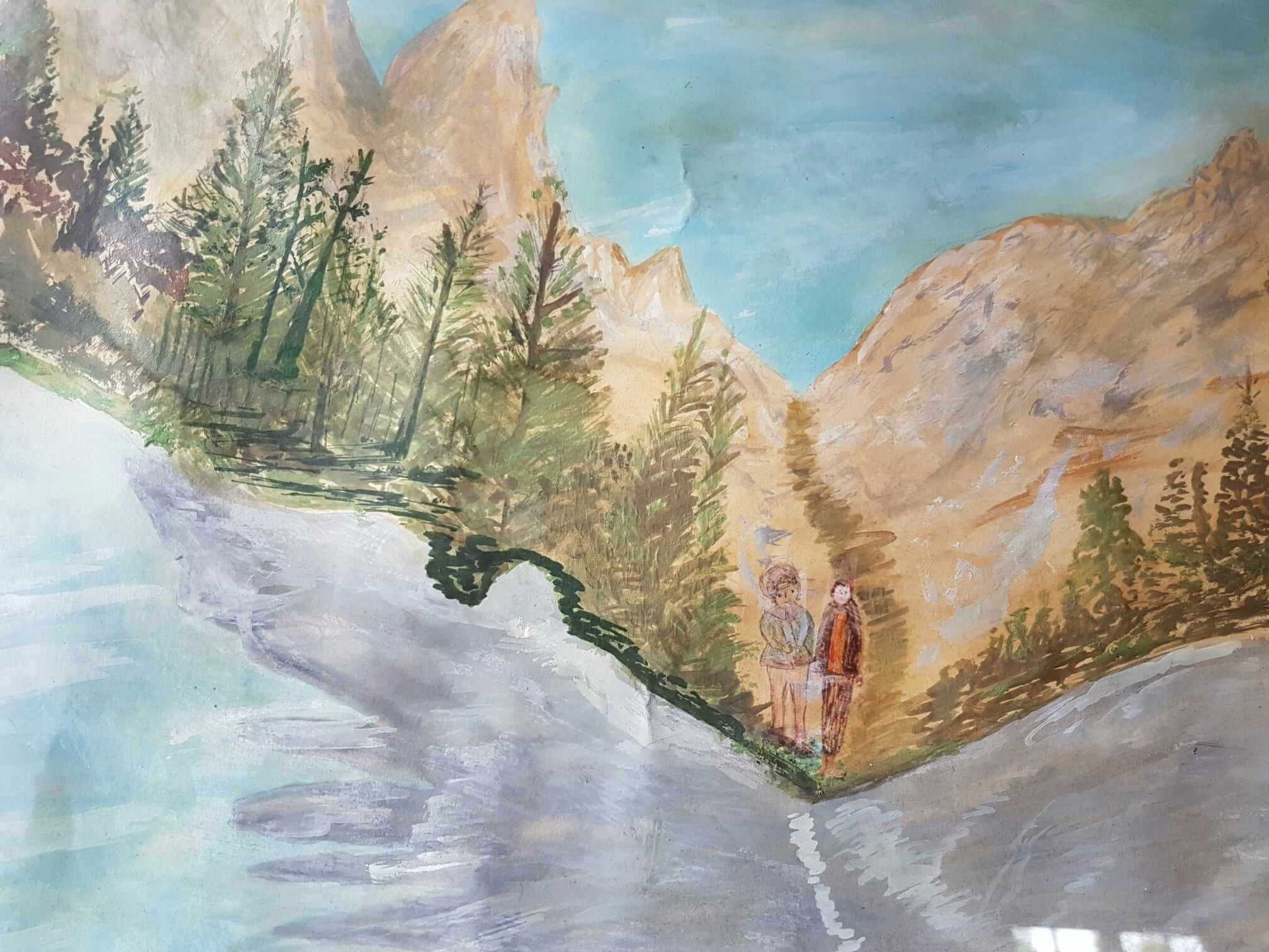 Obraz malowany akwarela  "Dwoje Ludzi w Górskiej Dolinie w ramie 51x37