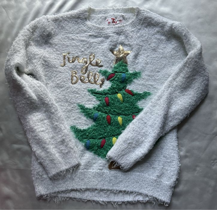 Biały Sweter TU z motywem świątecznym rozmiar 134 cm
