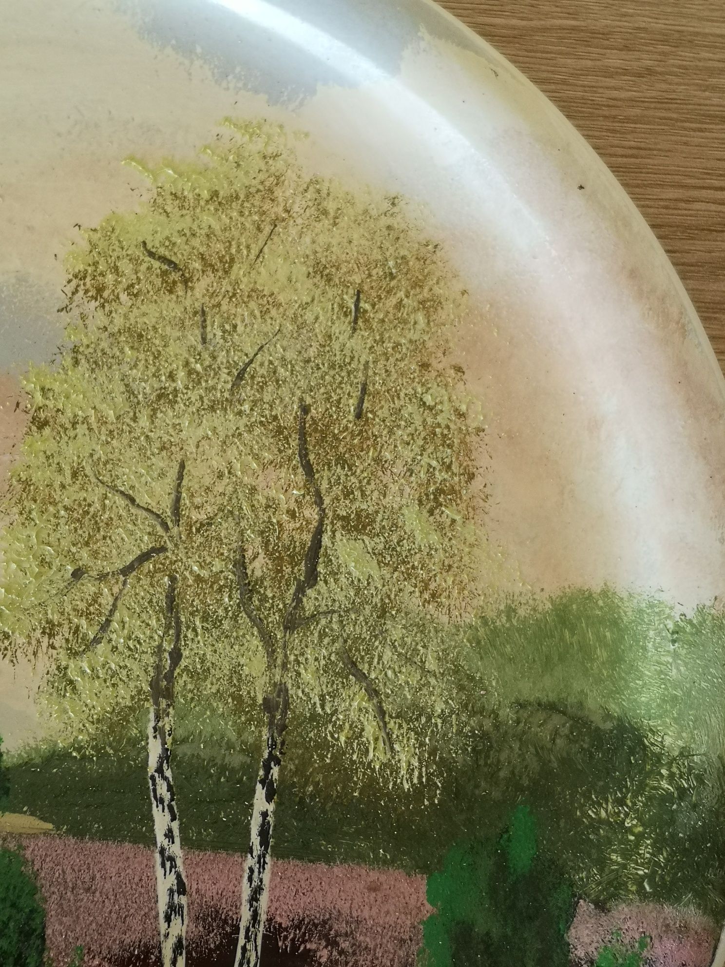 Obraz olejny malowany krajobraz na ceramicznym talerzu