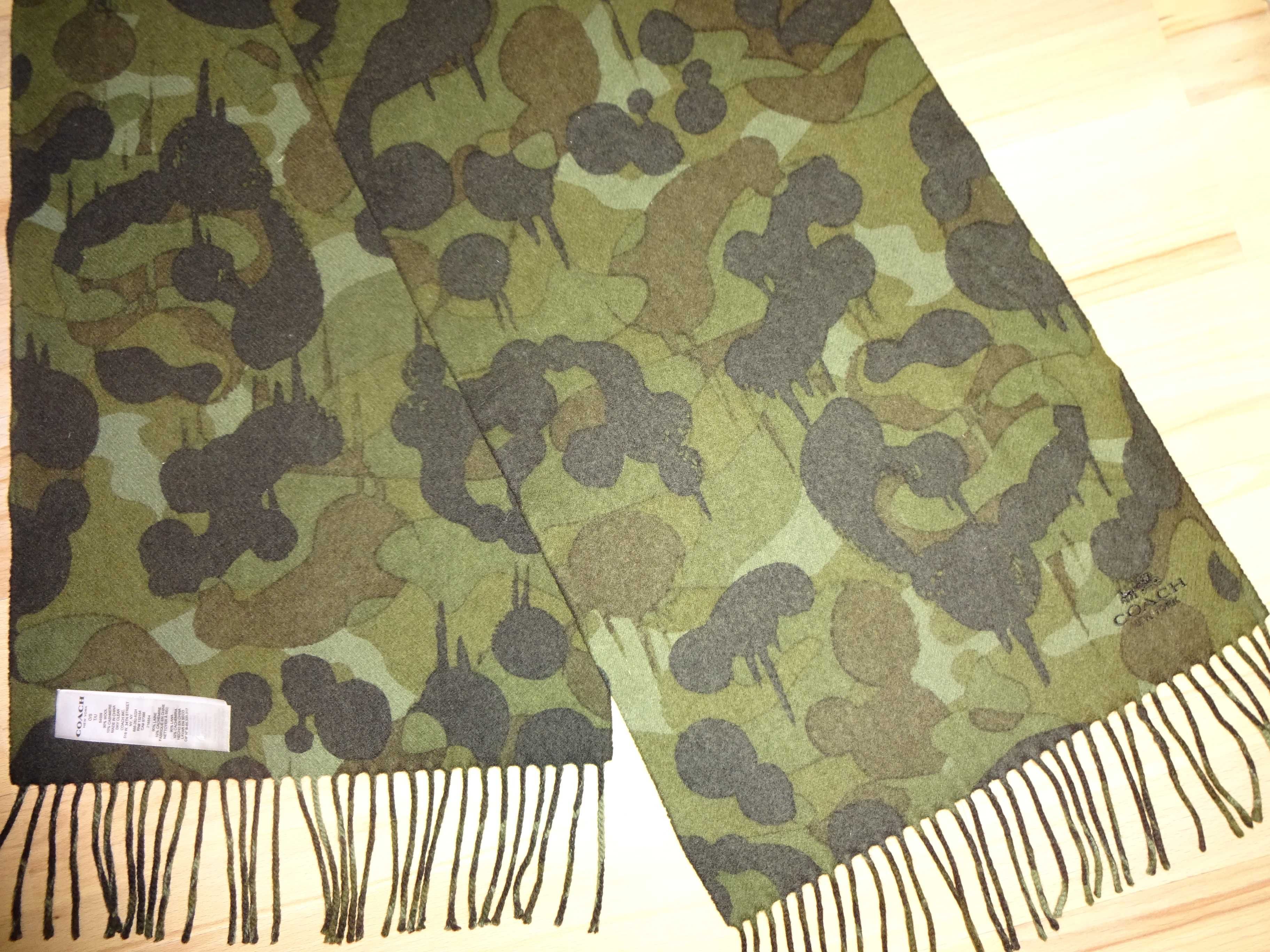 COACH New York 90% Wool 10% Cashmere zielony khaki szalik z frędzlami