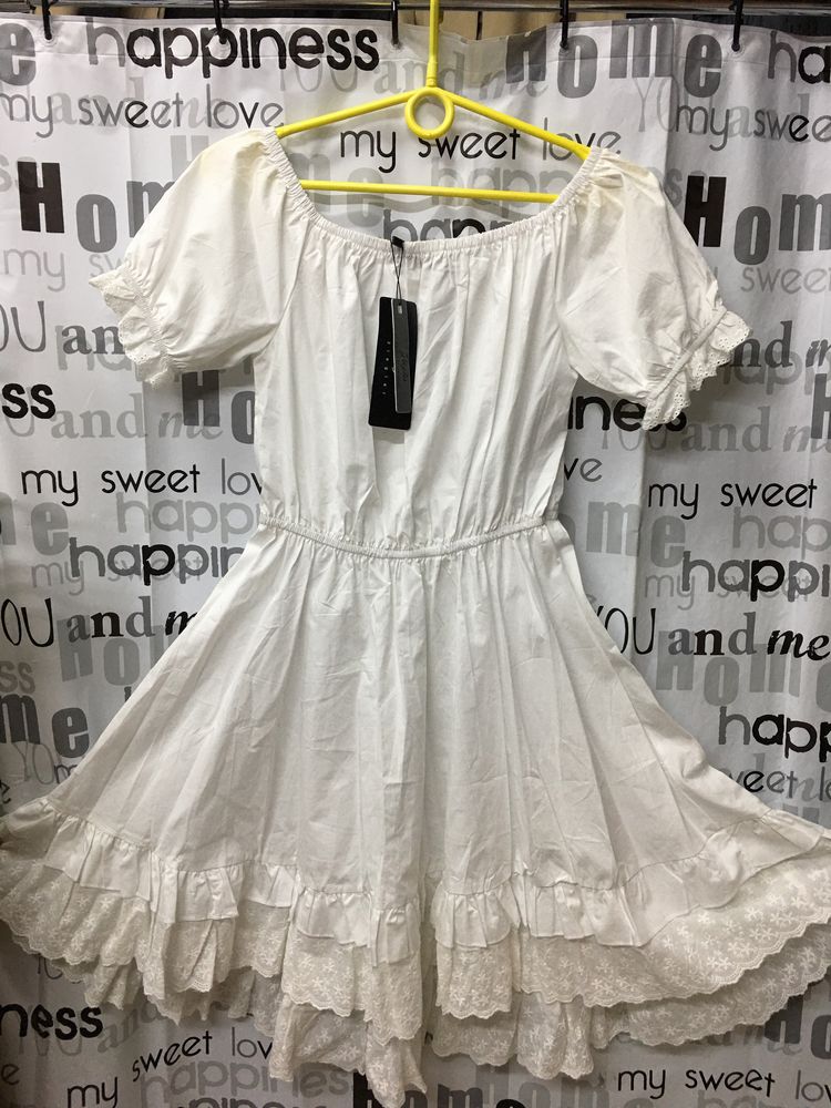Платье сарафан -белое, жёлтое, шитьё кружево, хлопок, натуральные:
