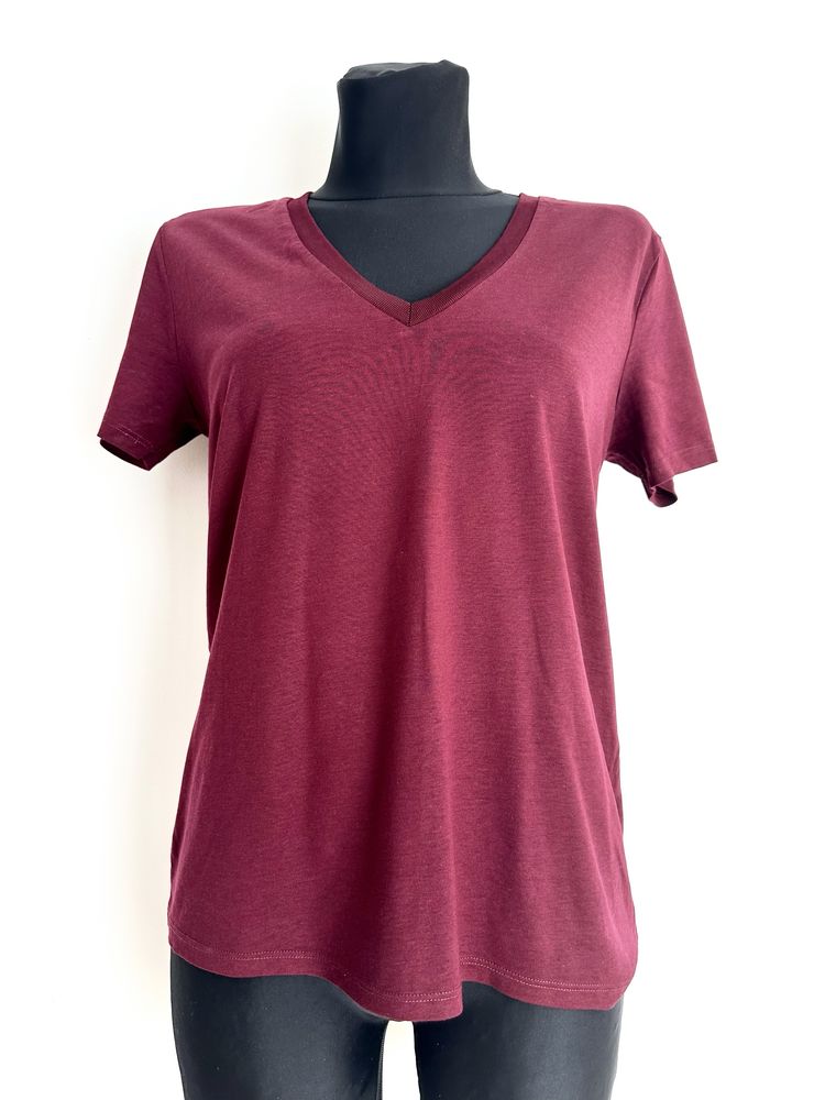 Bordowa damska koszulka T-shirt bluzka w serek XS 34 Massimo Dutti