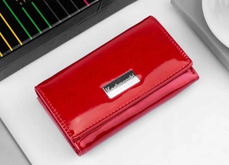 NOWY portfel damski lakierowany czerwony PREMIUM ochrona RFID