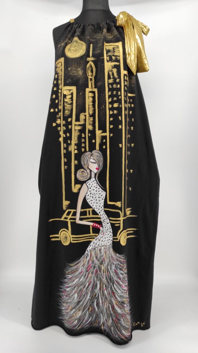 Ręcznie malowana maxi sukienka bawełna oversize