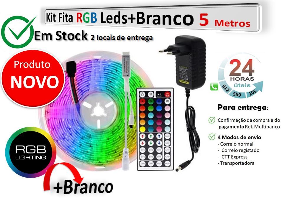 5 Mts Fita Led 5050 RGB + Branco, pack completo com comando