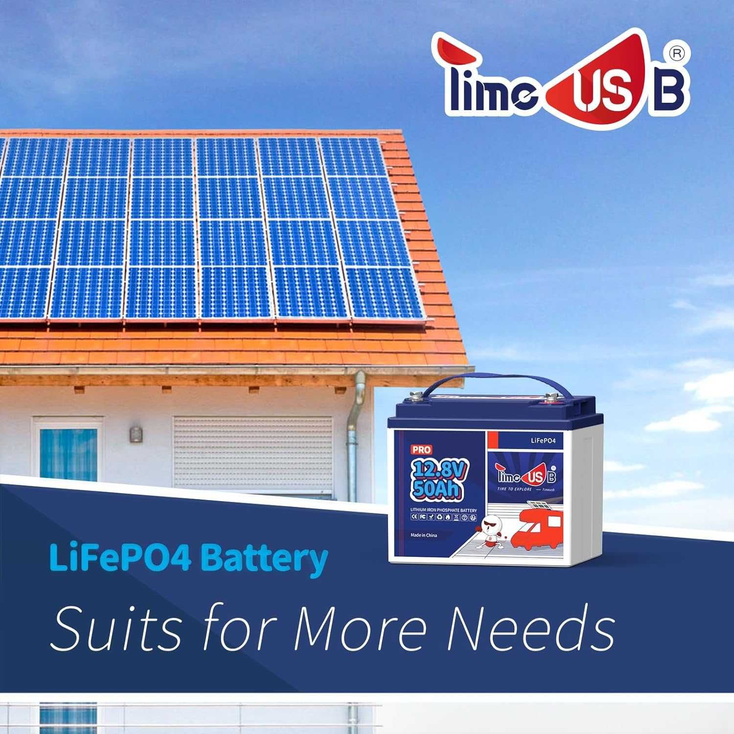 Timeusb 12V 50Ah LiFePO4 Battery| 640Wh & 640W | 50A BMS (США).