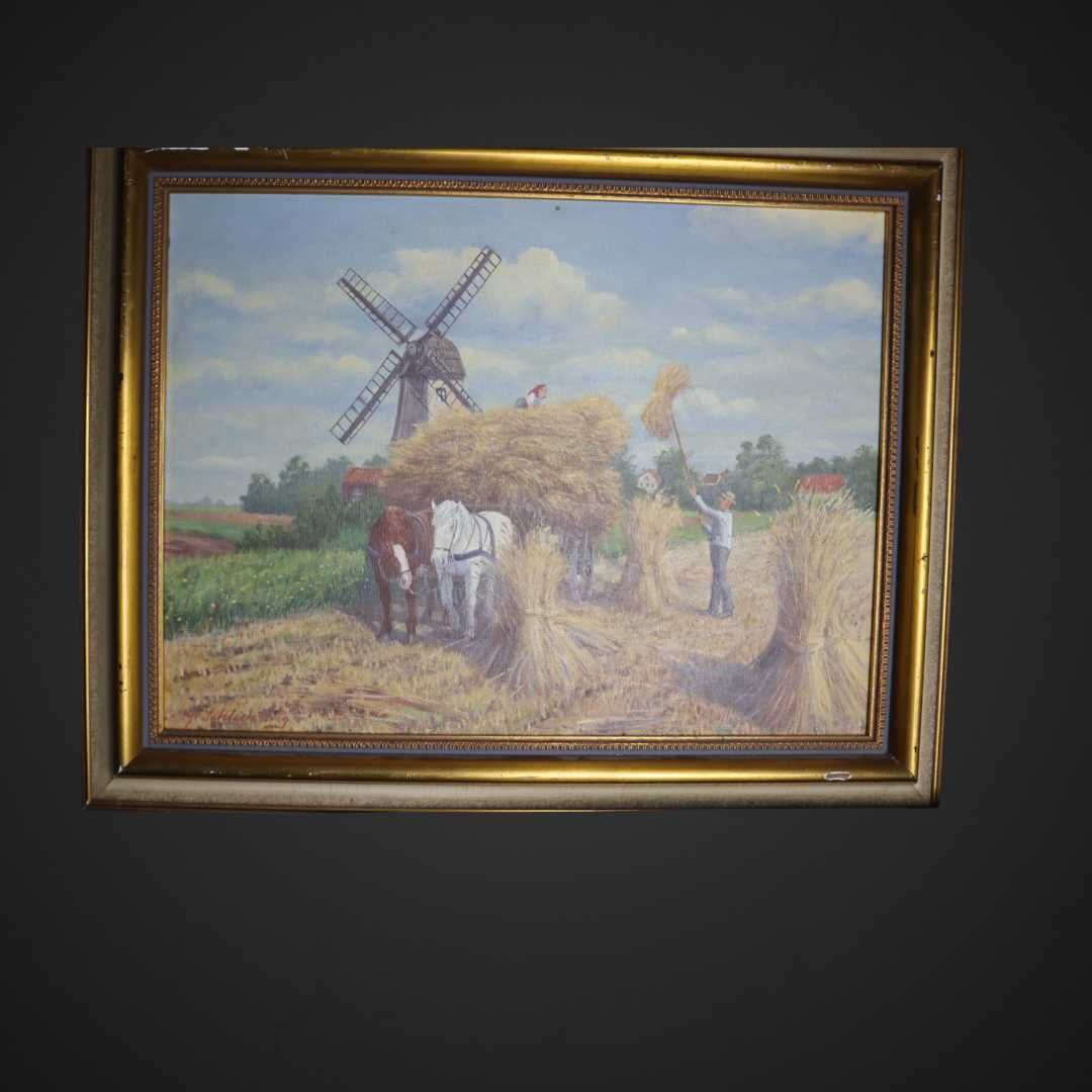 Obraz olejny  scena żniw z wiatrakiem, sygnowany b51/072652