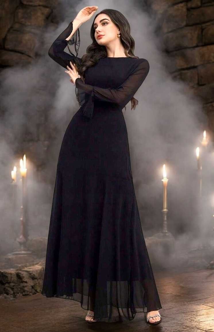 Długa Czarna Szyfonowa Sukienka Szerokie Rękawy Elegancka Gothic L
