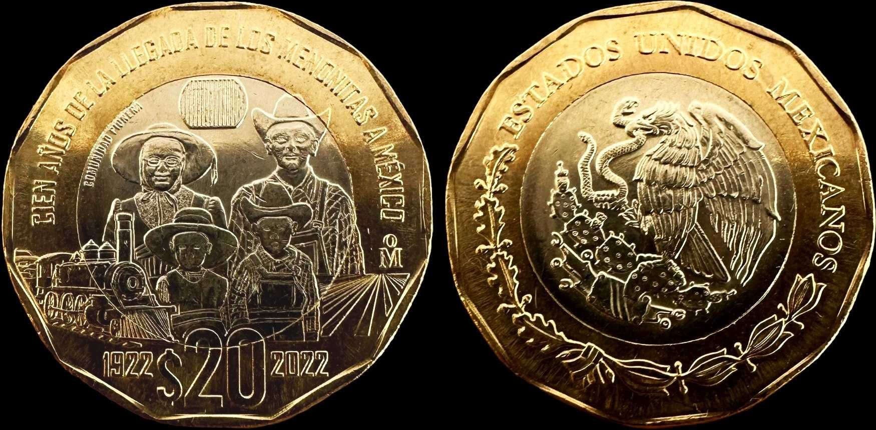 Moeda de 20 Pesos - 2022 - México - Chegada dos Menonitas ao México