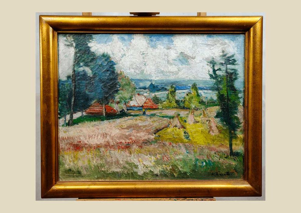 Obraz olejny wiejski pejzaż z polami i stogami Edward Wieczorek