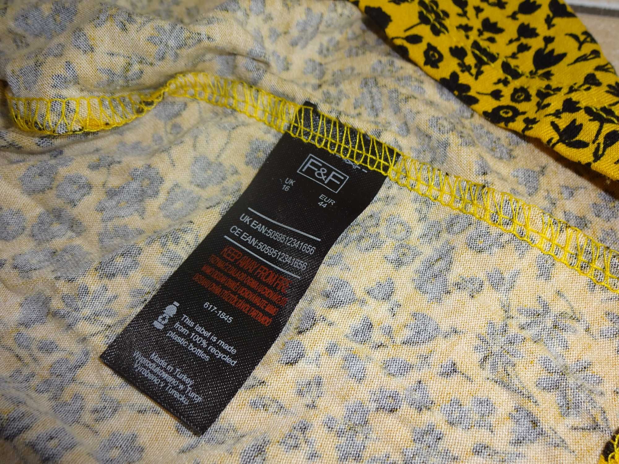 F&F sukienka WISKOZA żółta w czarne kwiaty rękaw 3/4 okazja EUR 44