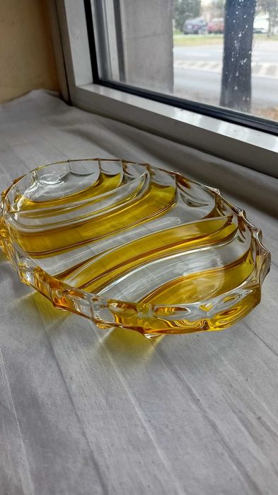 Patera trójdzielna transparentna miodowa huta Julia Szklarska Poręba