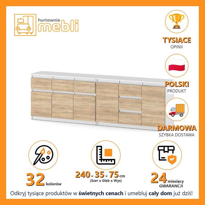 Komoda Modułowa Best Agnolia 240cm Nowoczesna Szafka 6 Szuflad Duża