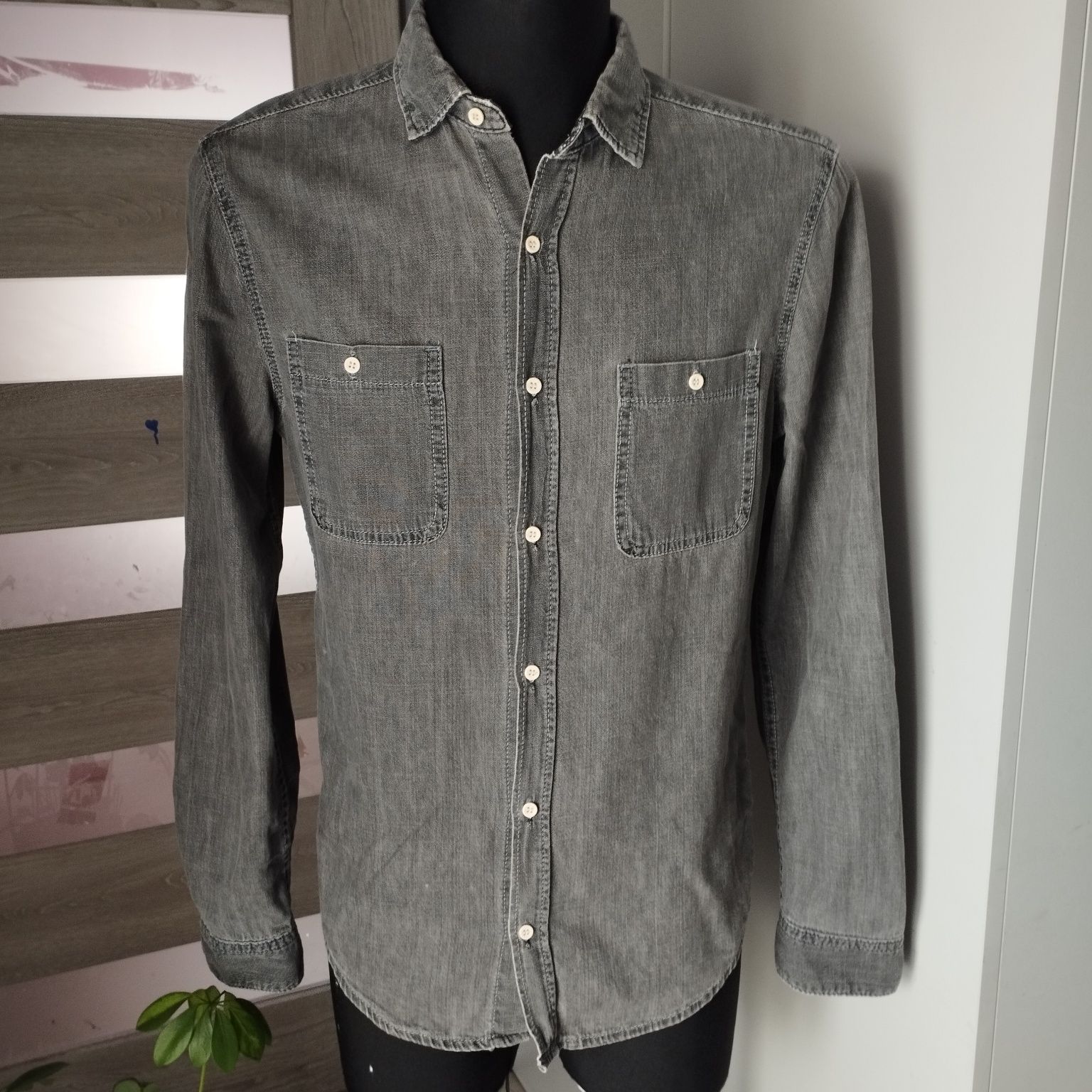 Koszula męska H&M S szara jeansowa 100% bawełna