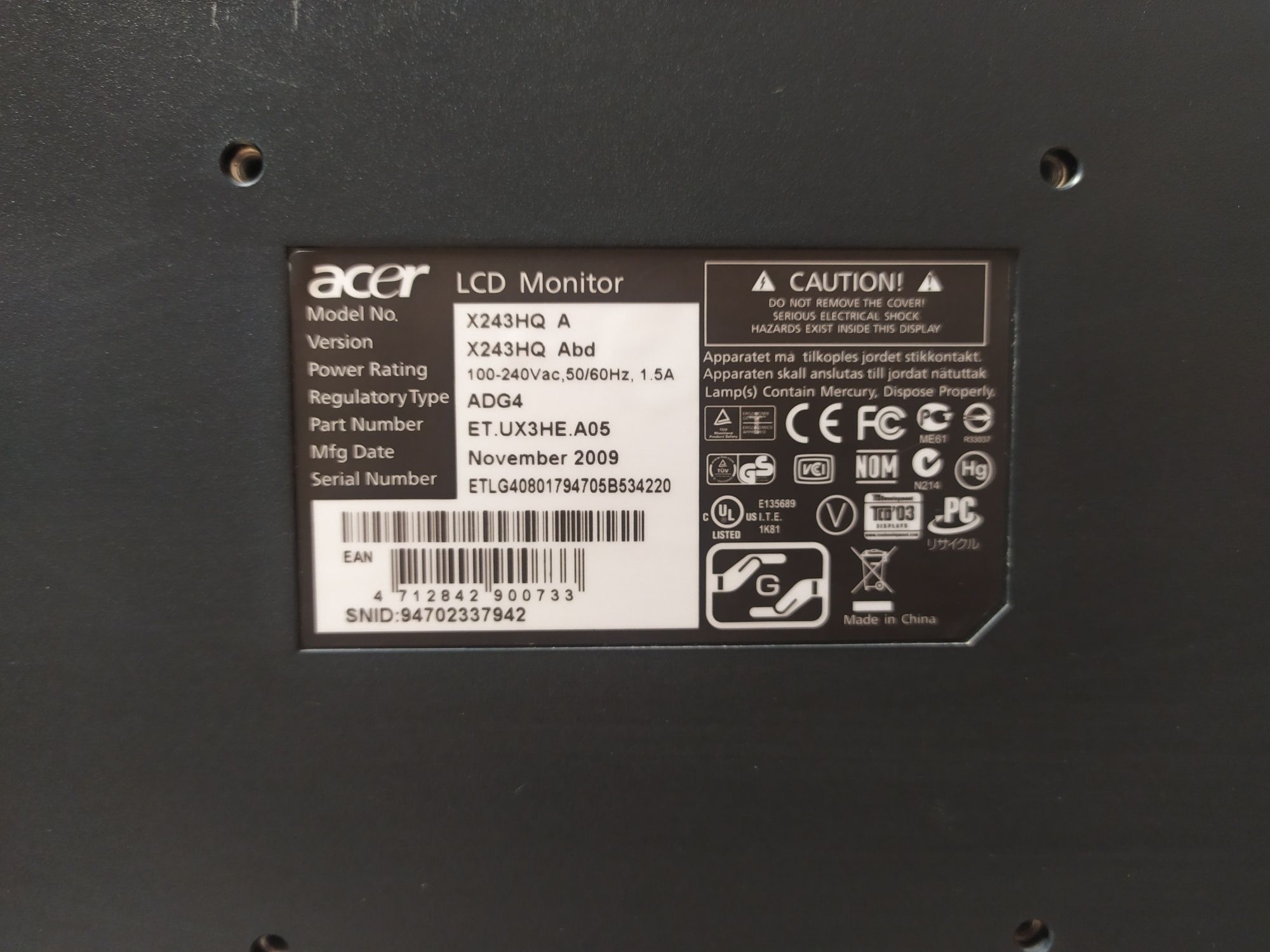 монітор ACER LCD X243HQ A.