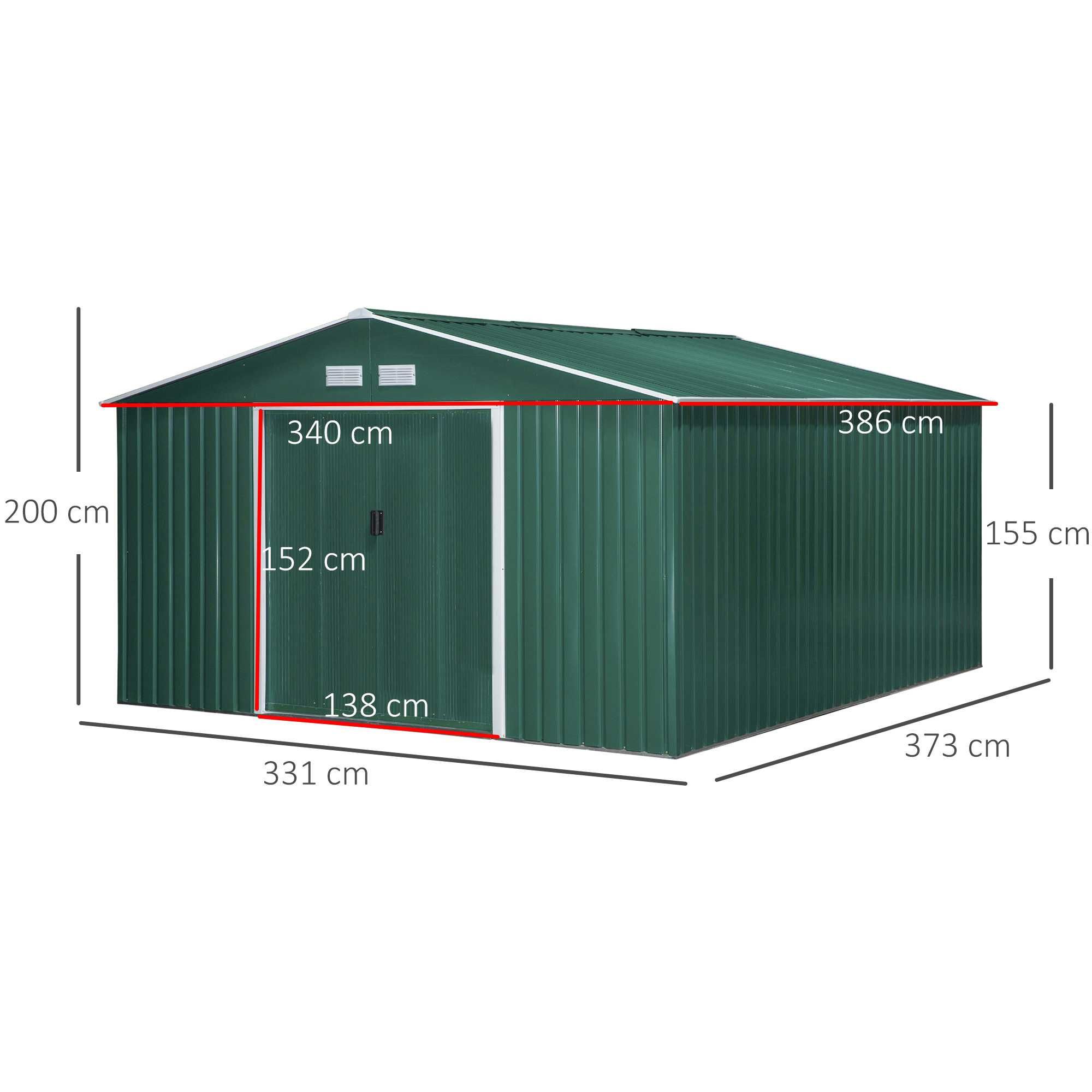 Abrigo de jardim metálico verde com base incluída — 340x386x200 cm