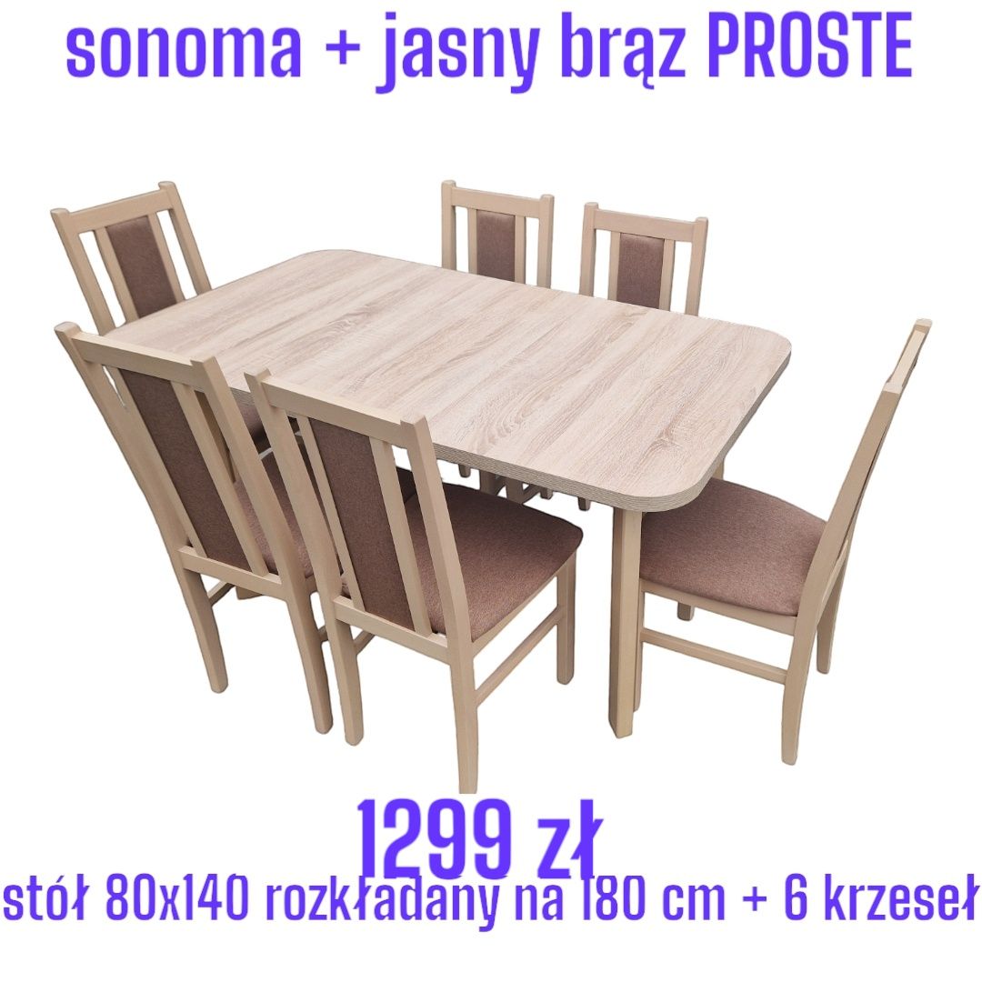 Nowe: Stół rozkładany + 6 krzeseł, SONOMA + JASNY BRĄZ " PROSTE "