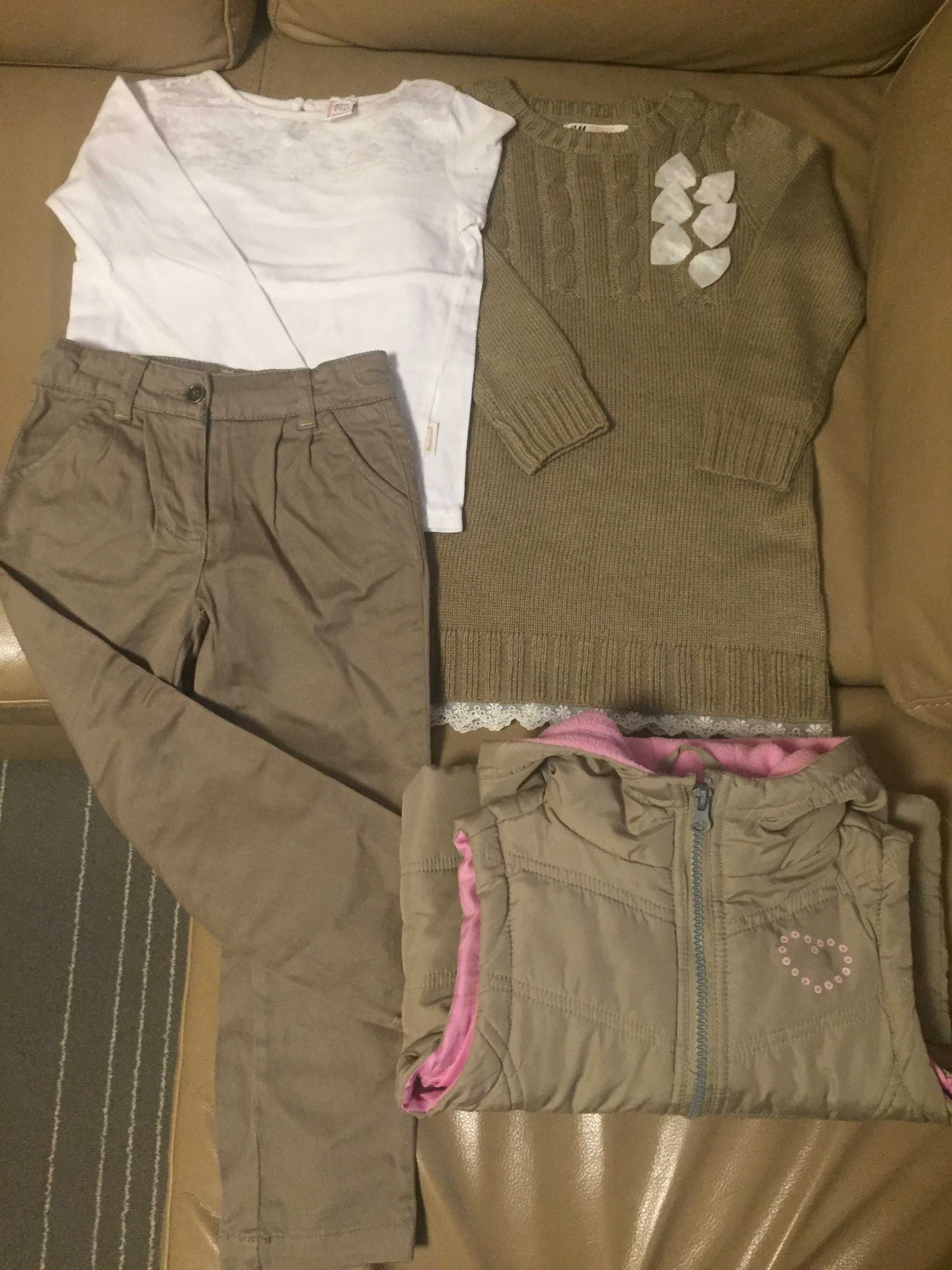 eleganckie spodnie jak nowe, r. 104, zestaw, biała bluzeczka z koronką