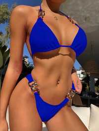 Bikini strój kąpielowy niebieski kobalt chabrowy złote łańcuchy s/m