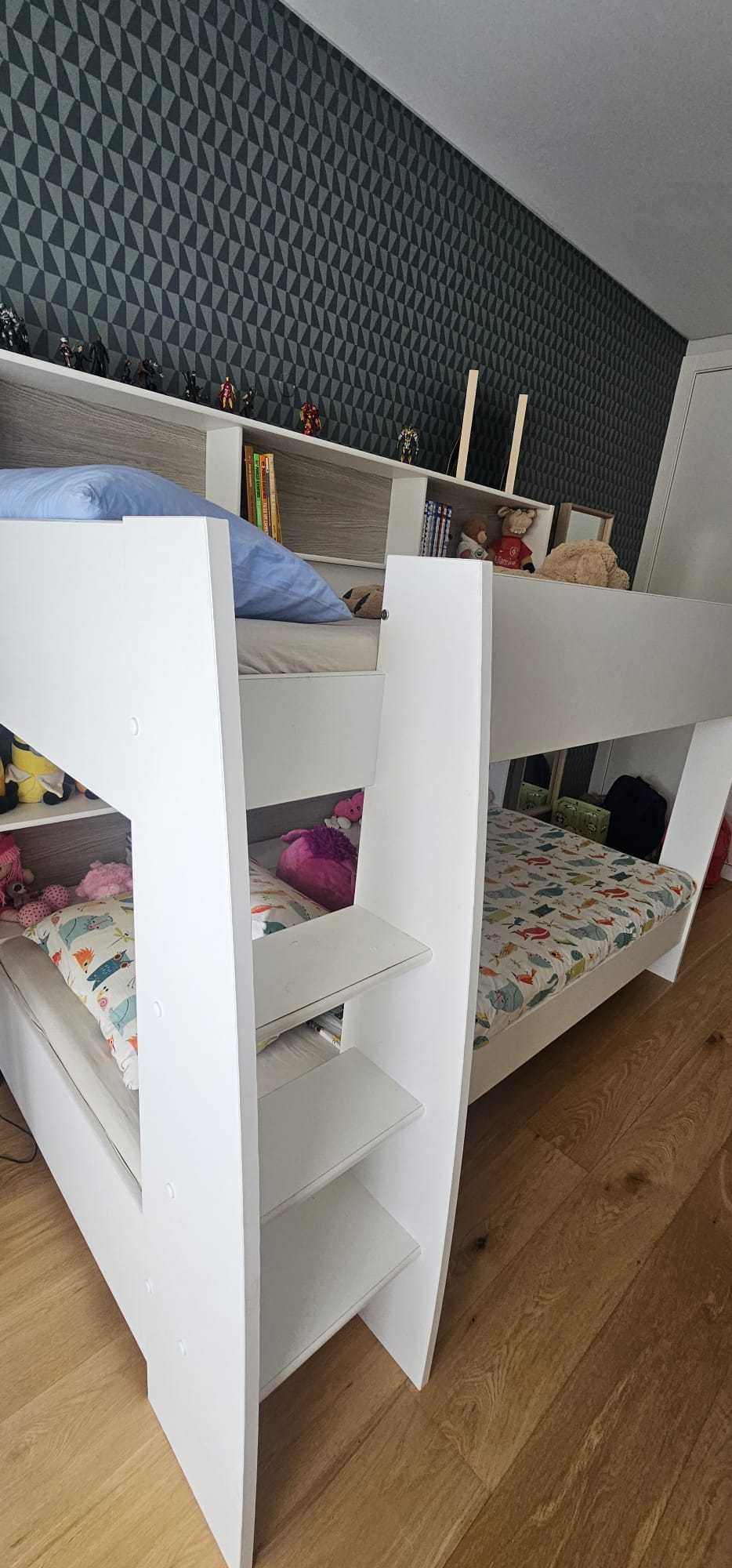 Beliche LEONARDO Branco com Arrumação + 2 Colchões (90x200)