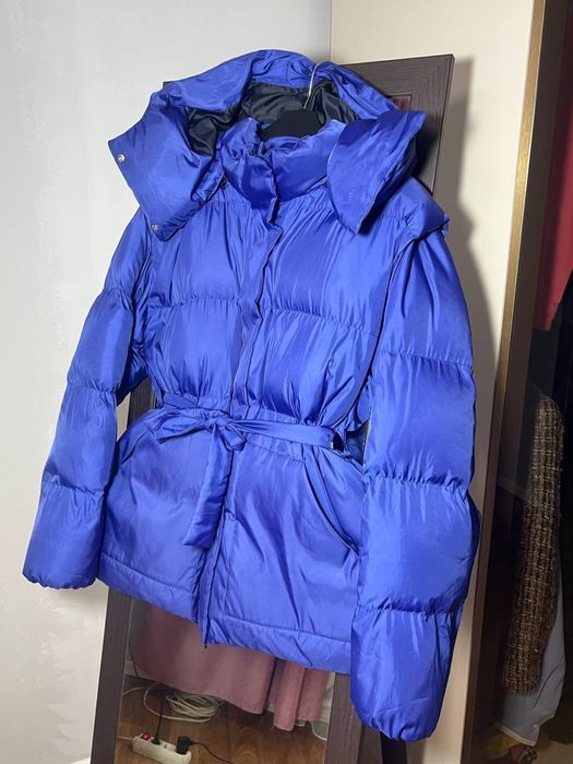 Сина дута пухова куртка пуфер | Пуховик трансформер куртка/безрукавка