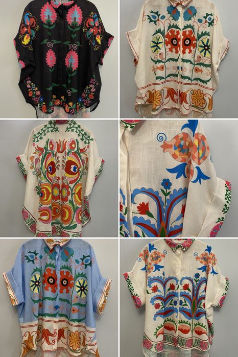 Lniana koszula folk boho kolorowa wzory oversize wiosna lato szeroka