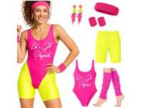Komplet zestaw fitness przebranie lata 80 neonowe spodenki body frotki
