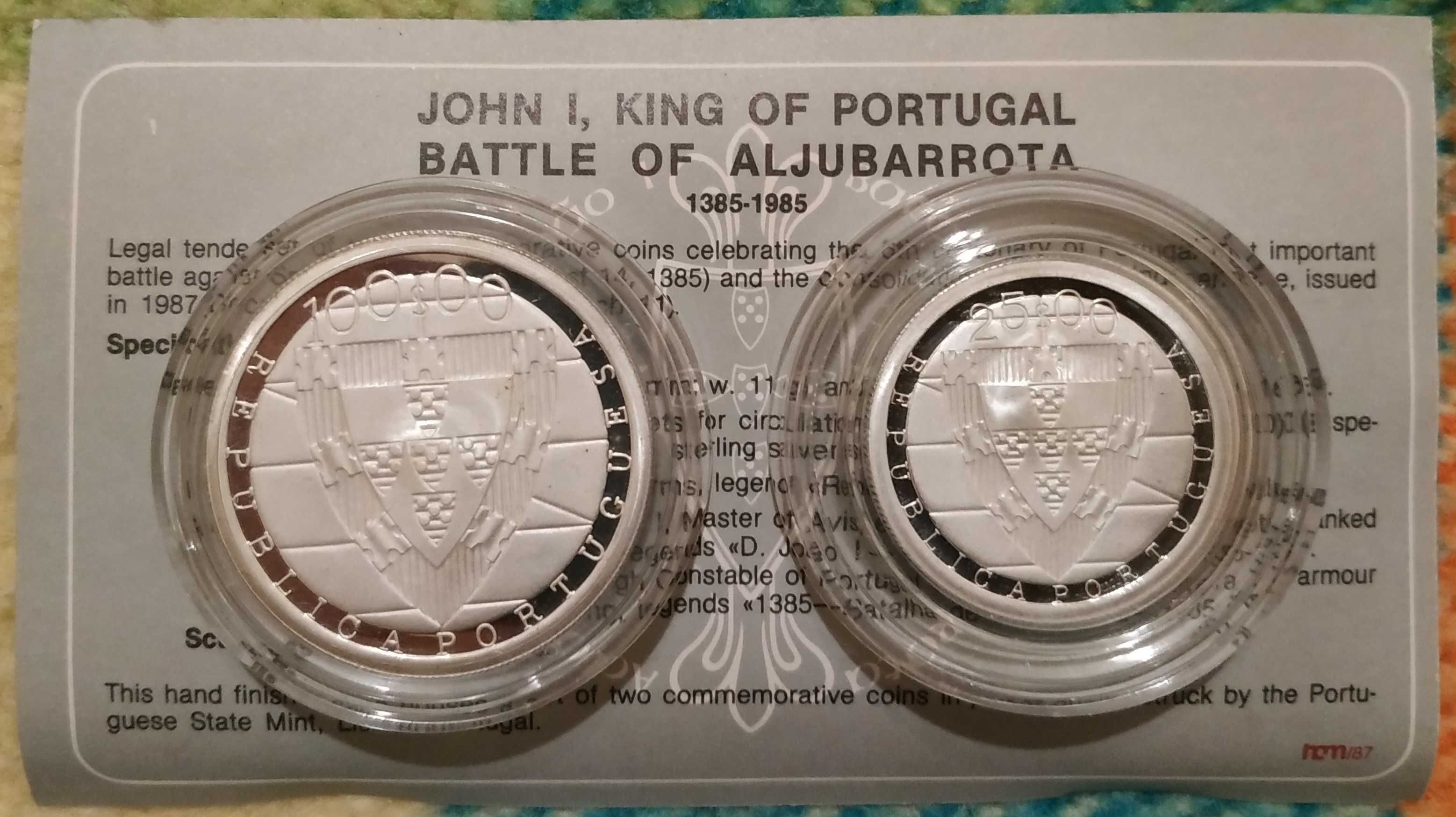 Conjunto de 2 moedas em prata proof de 25 e 100 escudos (Aljubarrota)