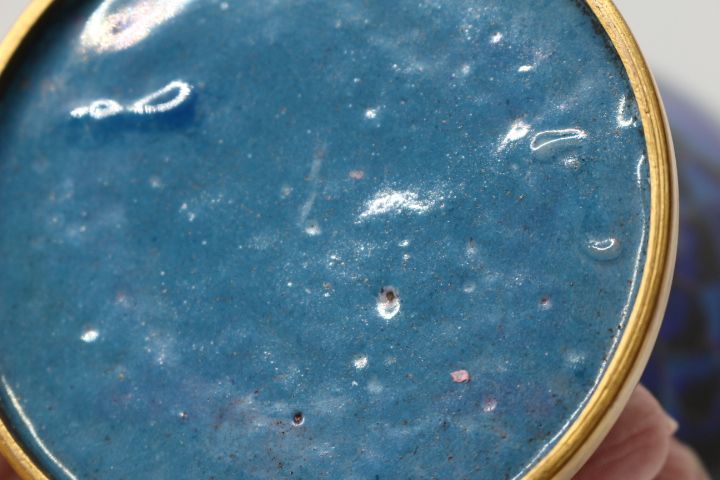 Jarra chinesa metal cloisonné 30A cm azul flores fio Dourado XIX/XX
