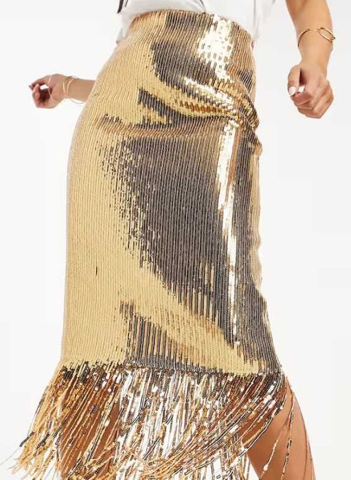 Cekinowa spódnica z frędzlami midi M L XL