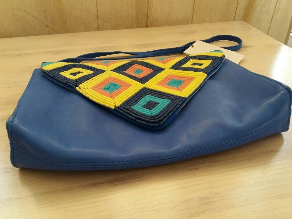 NOWA skórzana torebka ZARA, niebieska etno boho