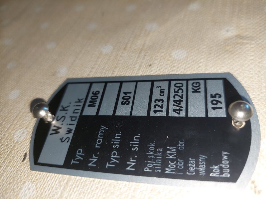 Nowa tabliczka glowki ramy wsk 125 M06 ,z lat 50-tych+nity