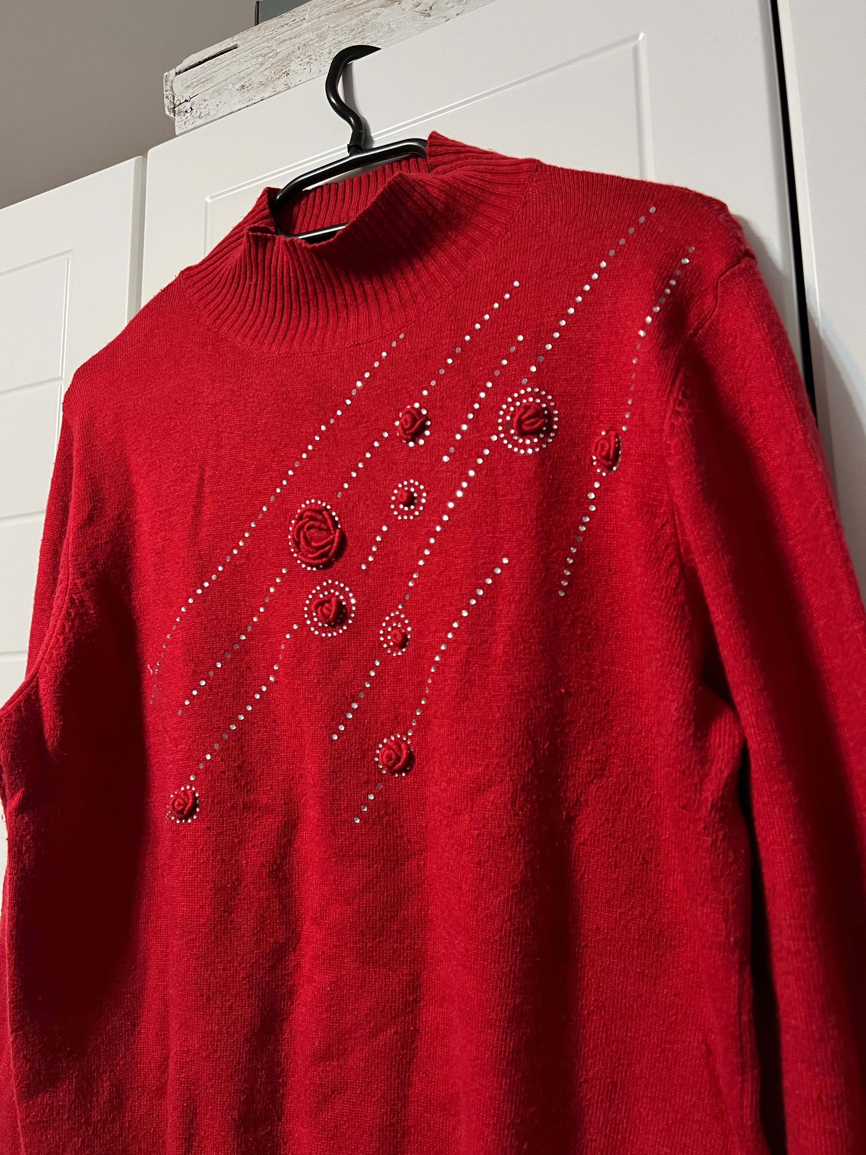 Jizhilang ozdobny sweterek czerwony z kryształkami cyrkonie M