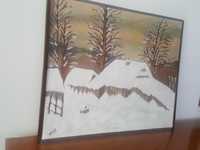 Obraz olejny sygnowany stary zima 1992 duży wieś Góry śnieg