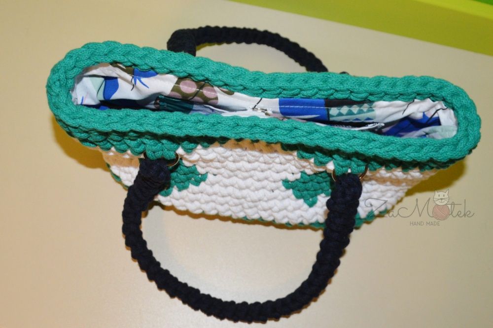 Torebka szydełko shopper hand made boho podszewka kieszonka zamykanie