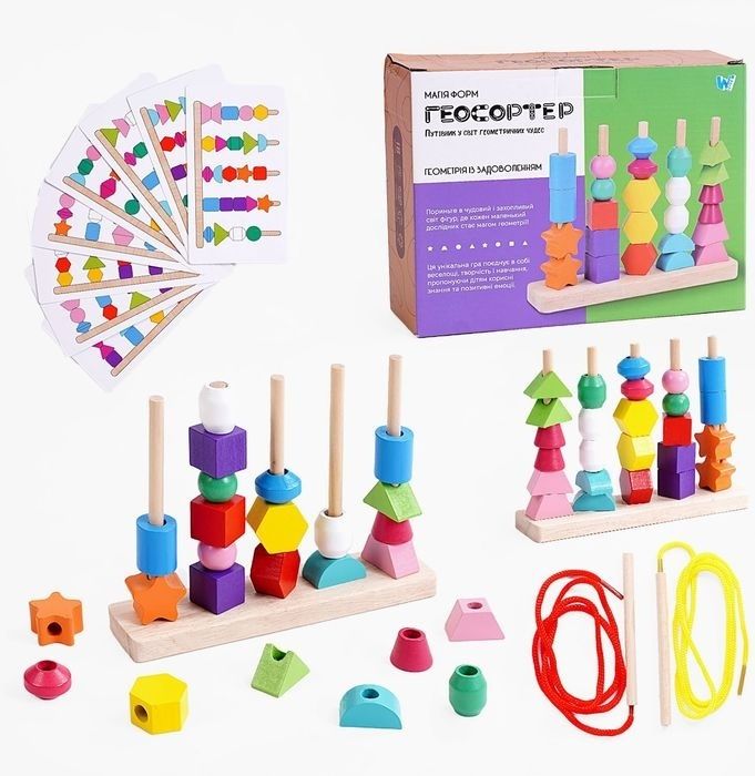 Шнурівка дерев'яна 9 видів, Серце, Транспорт, Фрукти, Тварини, Дино