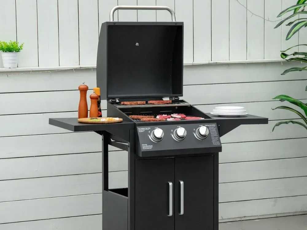 Barbecue a Gás com 3 Queimadores, Termómetro, Armazenamento e Rodas