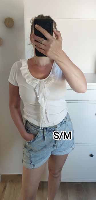 T-shirt top bluzka biała z falbanką S/M na lato letnia gumka u dołu