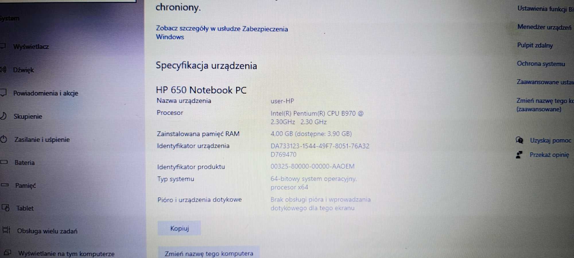 Laptop HP 650 z procesorem b970 4 GB ram działa czytaj opis.
