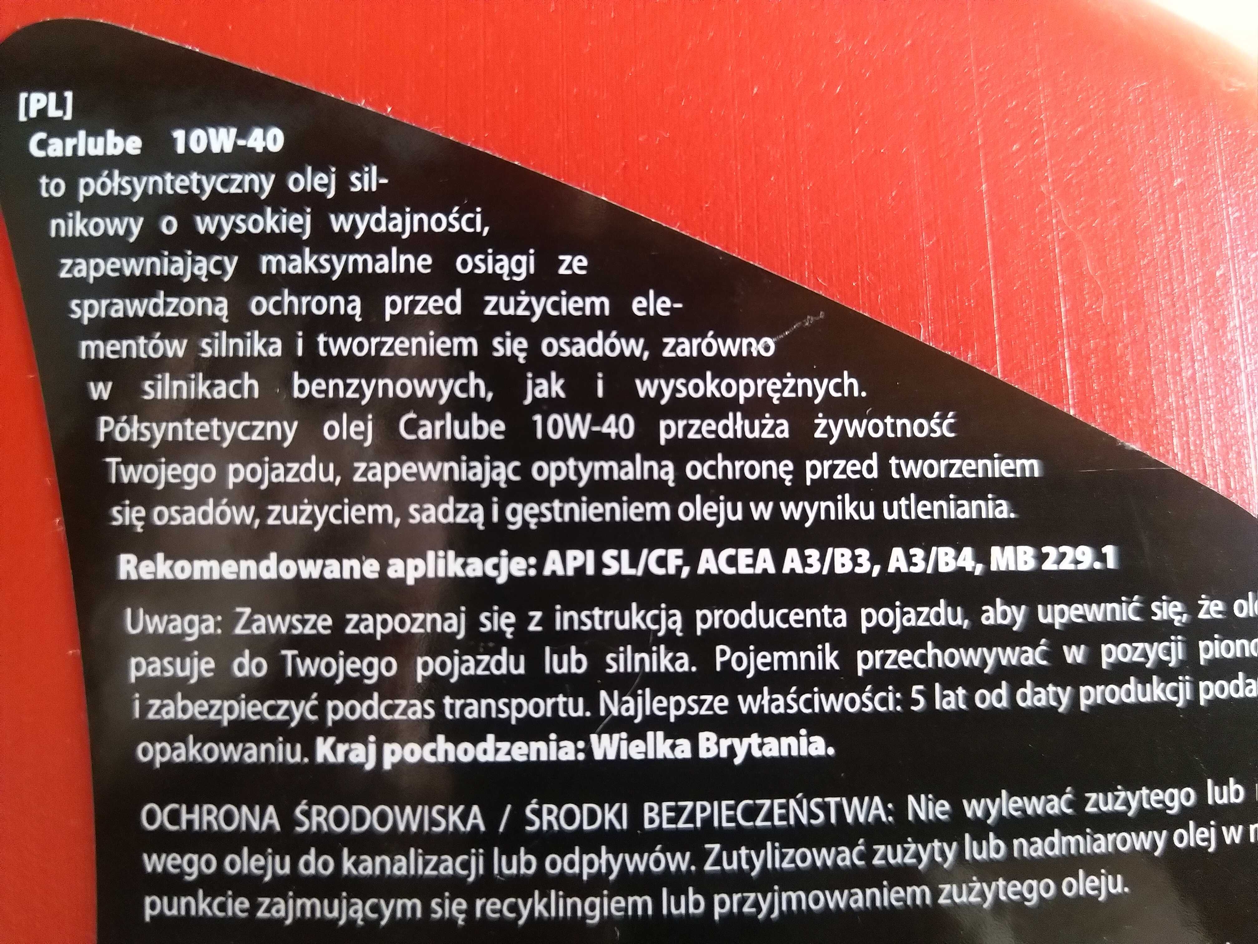 NOWY Olej Samochodowy Silnikowy 10W40 4L Półsyntetyczny