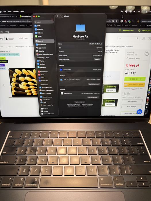 MacBook Air 15” M2 (2023) • 24GB/512GB • Midnight • bateria 100%