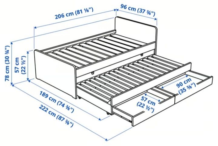 Cama com cama extra+arrumação+ colchão, 90x200 cm